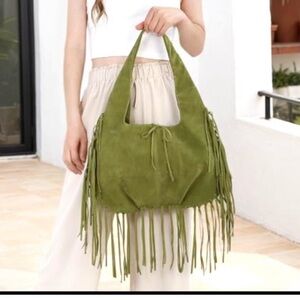 Vintage Fringe Hobo Bag Vegan Faux Suede Leather Tassel Purse Boho Western